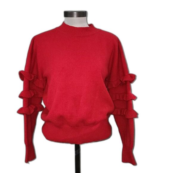 Line & Dot Red Ruffle Sleeve Mock Turtleneck Sweater Size M - Picture 1 of 10